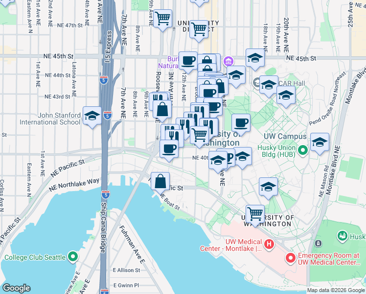 map of restaurants, bars, coffee shops, grocery stores, and more near 1135 Northeast Campus Parkway in Seattle