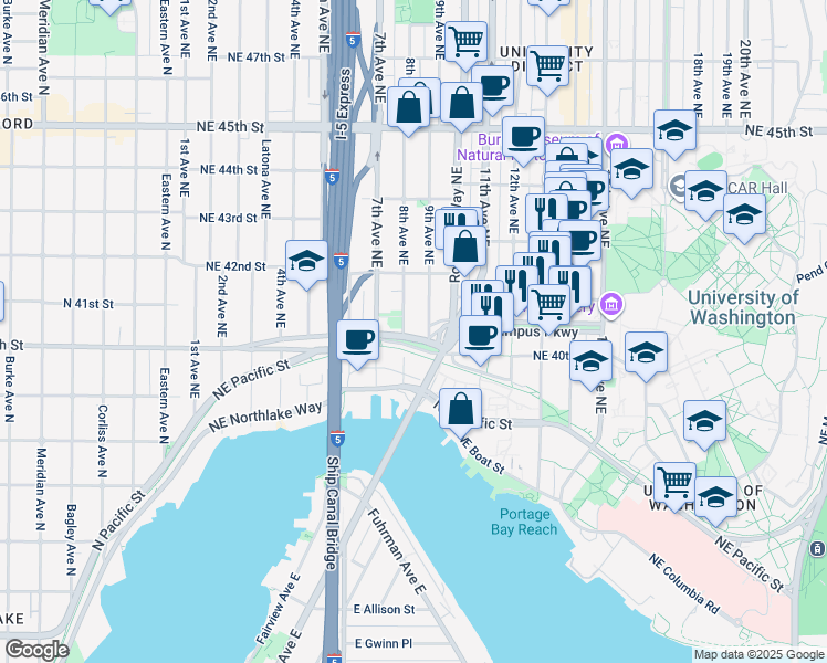 map of restaurants, bars, coffee shops, grocery stores, and more near 4039 9th Avenue Northeast in Seattle
