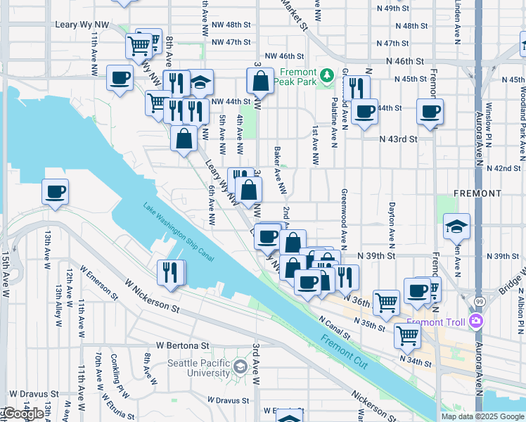 map of restaurants, bars, coffee shops, grocery stores, and more near 302 Northwest 40th Street in Seattle