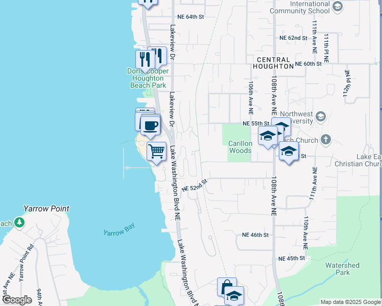 map of restaurants, bars, coffee shops, grocery stores, and more near 5406 Lake Washington Boulevard Northeast in Kirkland