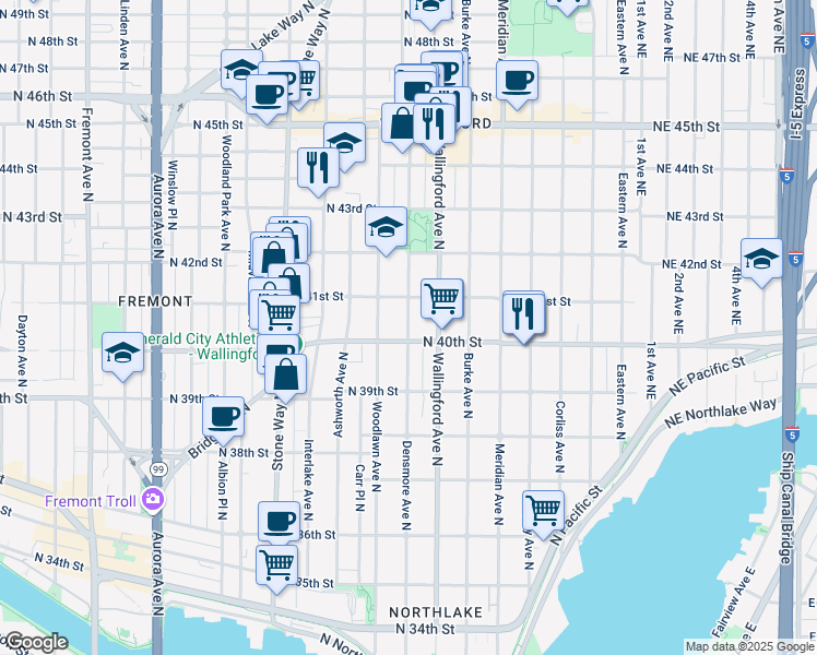 map of restaurants, bars, coffee shops, grocery stores, and more near Densmore Avenue North in Seattle