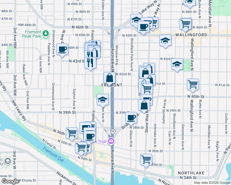 map of restaurants, bars, coffee shops, grocery stores, and more near in Seattle