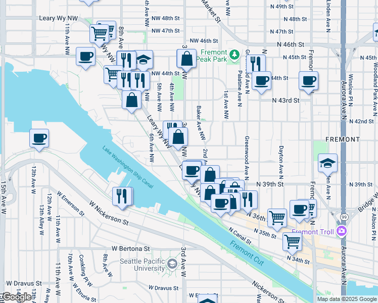 map of restaurants, bars, coffee shops, grocery stores, and more near 302 Northwest 40th Street in Seattle