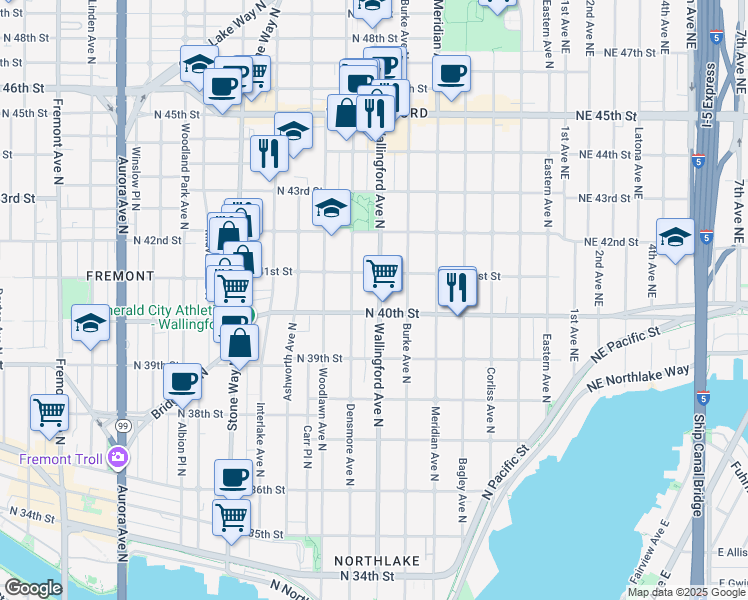 map of restaurants, bars, coffee shops, grocery stores, and more near 4028 Densmore Avenue North in Seattle