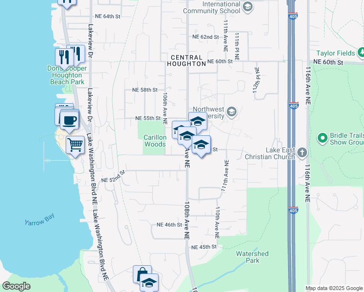 map of restaurants, bars, coffee shops, grocery stores, and more near 5311 108th Avenue Northeast in Kirkland