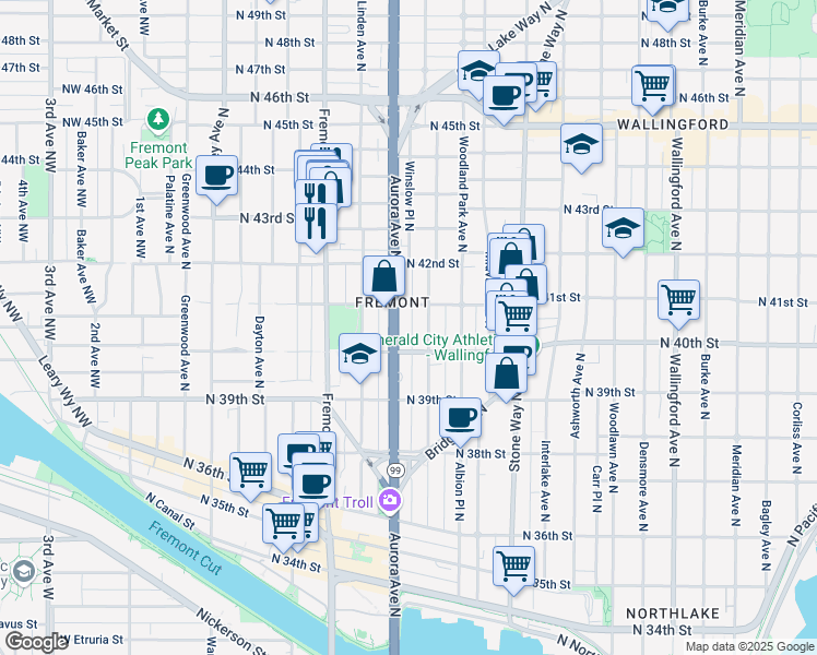 map of restaurants, bars, coffee shops, grocery stores, and more near in Seattle