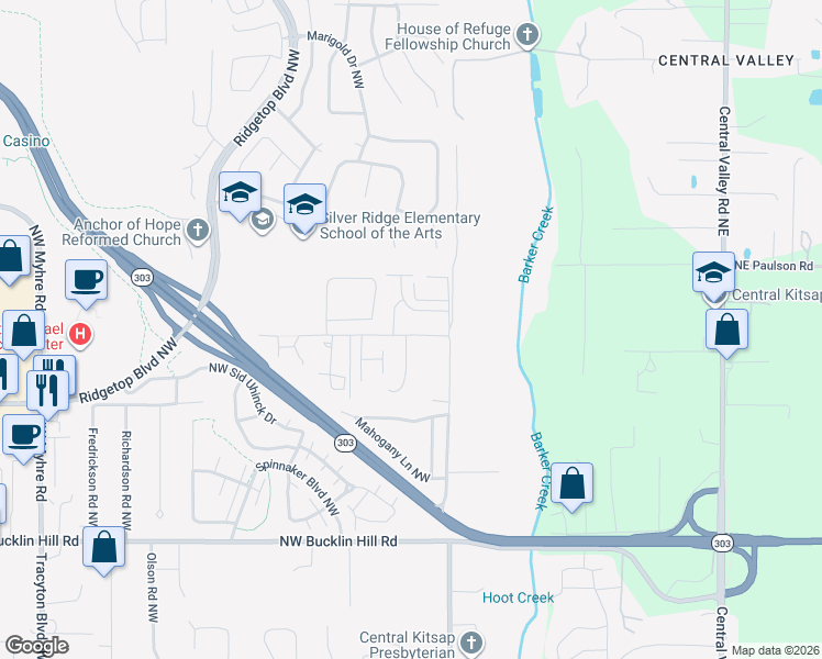 map of restaurants, bars, coffee shops, grocery stores, and more near 950 Northwest Hogan Lane in Bremerton