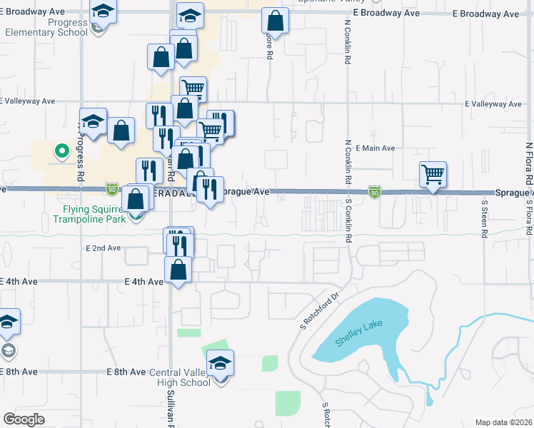 map of restaurants, bars, coffee shops, grocery stores, and more near 15916 East Sprague Avenue in Spokane Valley