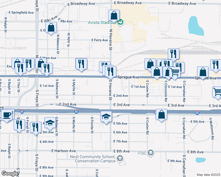 map of restaurants, bars, coffee shops, grocery stores, and more near 15 South Havana Street in Spokane