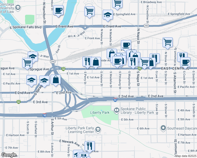 map of restaurants, bars, coffee shops, grocery stores, and more near 1603 East 1st Avenue in Spokane