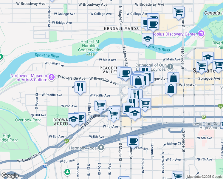 map of restaurants, bars, coffee shops, grocery stores, and more near 1623 West 1st Avenue in Spokane
