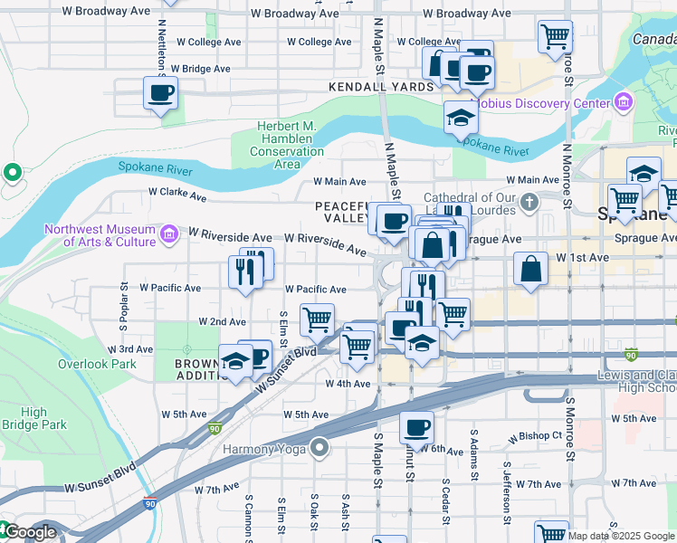 map of restaurants, bars, coffee shops, grocery stores, and more near in Spokane