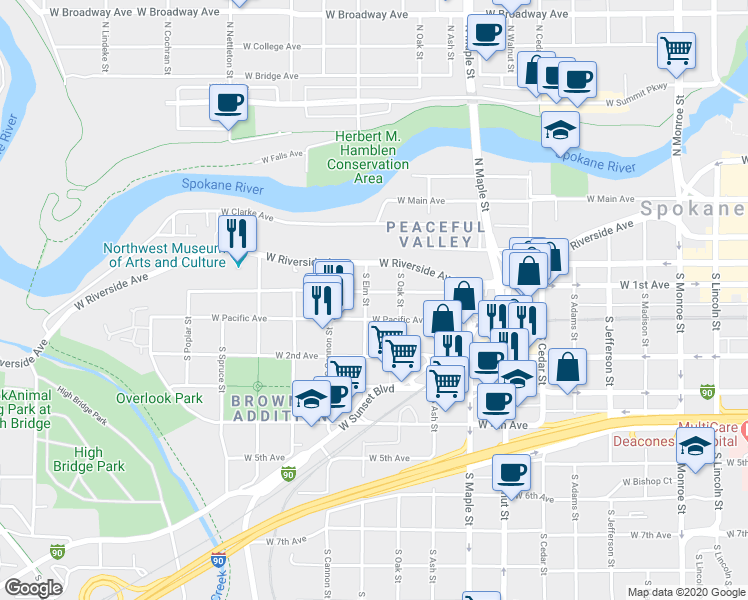 map of restaurants, bars, coffee shops, grocery stores, and more near 1818 West 1st Avenue in Spokane
