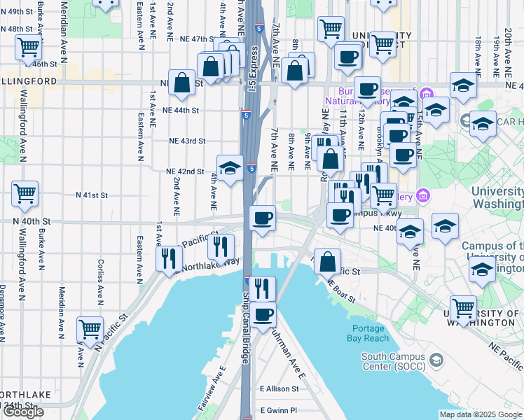 map of restaurants, bars, coffee shops, grocery stores, and more near 4034 Pasadena Place Northeast in Seattle
