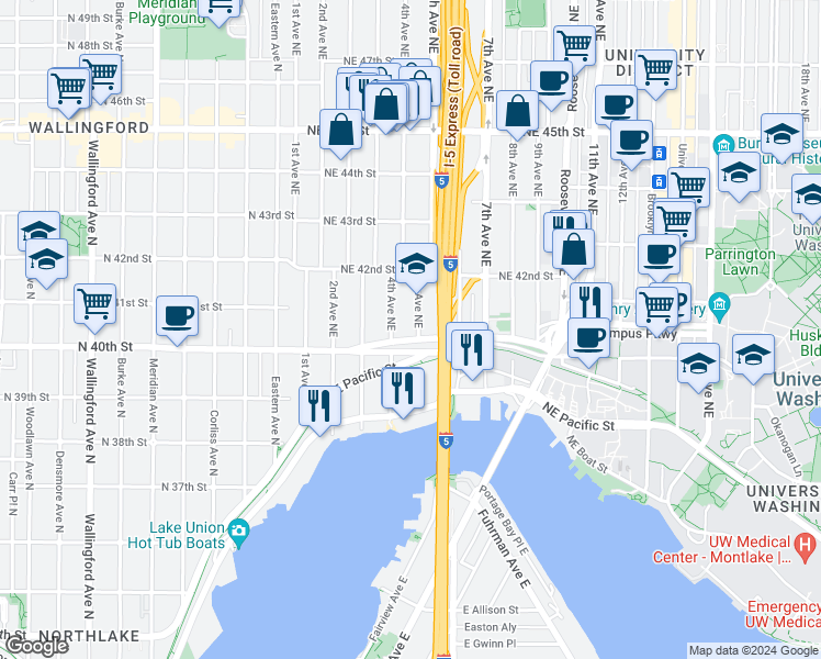 map of restaurants, bars, coffee shops, grocery stores, and more near 4030 5th Avenue Northeast in Seattle