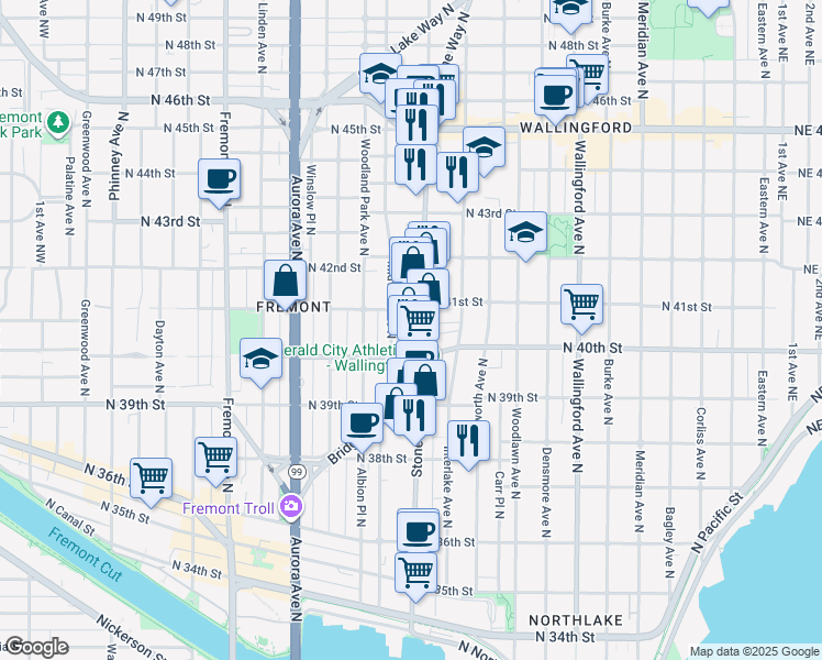 map of restaurants, bars, coffee shops, grocery stores, and more near 1211 North 41st Street in Seattle