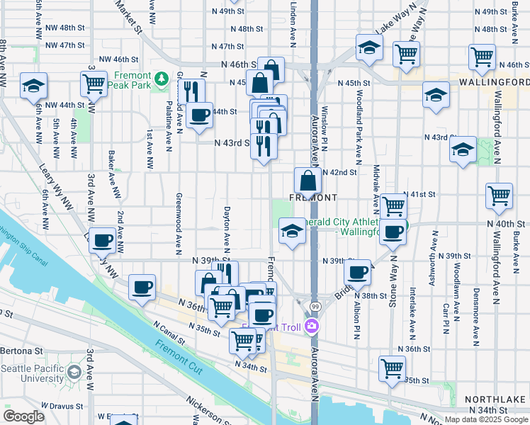 map of restaurants, bars, coffee shops, grocery stores, and more near 611 North 41st Street in Seattle