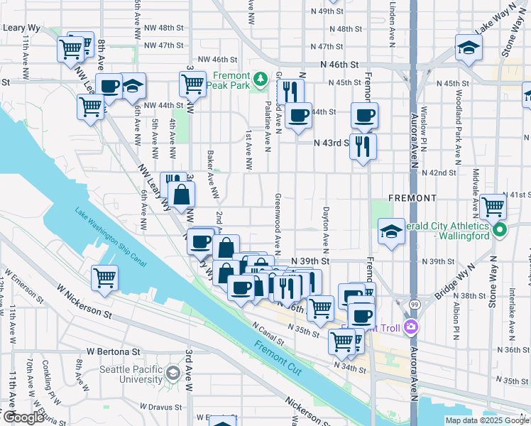 map of restaurants, bars, coffee shops, grocery stores, and more near 118 North 41st Street in Seattle