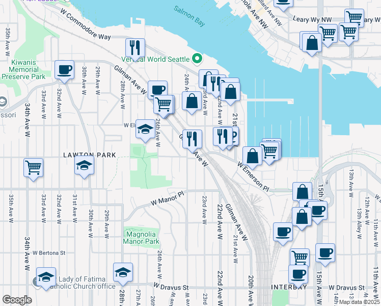 map of restaurants, bars, coffee shops, grocery stores, and more near in Seattle