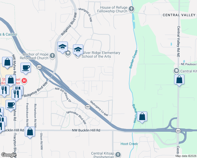 map of restaurants, bars, coffee shops, grocery stores, and more near 1105 Northwest Hogan Lane in Bremerton