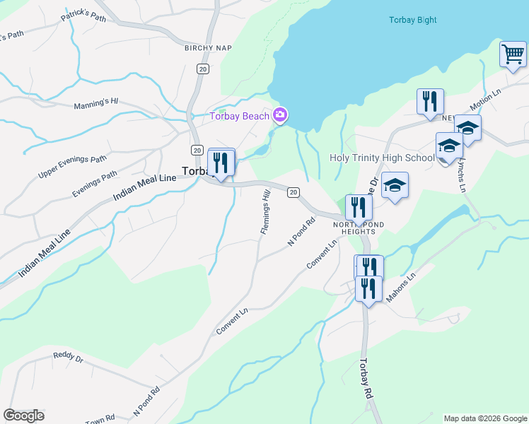 map of restaurants, bars, coffee shops, grocery stores, and more near 9 Flemings Hill in Torbay