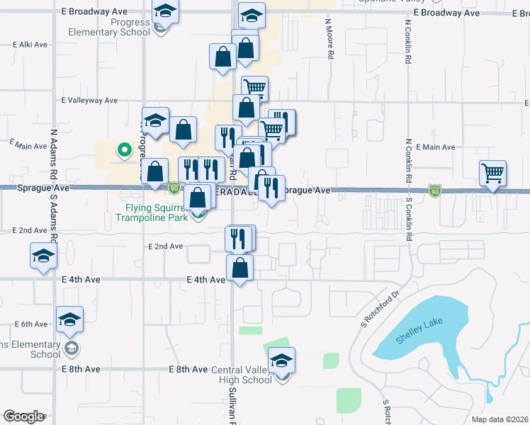 map of restaurants, bars, coffee shops, grocery stores, and more near 15614 East Sprague Avenue in Spokane Valley