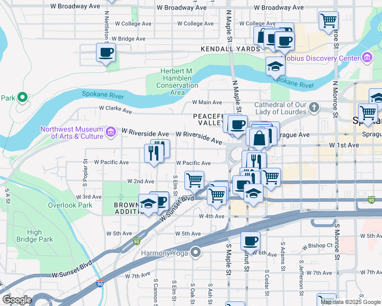 map of restaurants, bars, coffee shops, grocery stores, and more near 1818 West 1st Avenue in Spokane