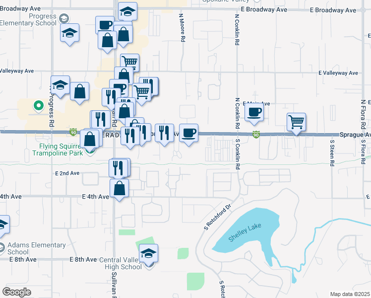 map of restaurants, bars, coffee shops, grocery stores, and more near 15916 East Sprague Avenue in Spokane Valley