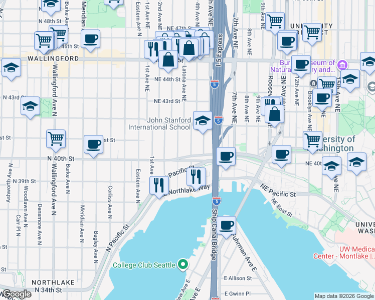 map of restaurants, bars, coffee shops, grocery stores, and more near 4033 4th Avenue Northeast in Seattle