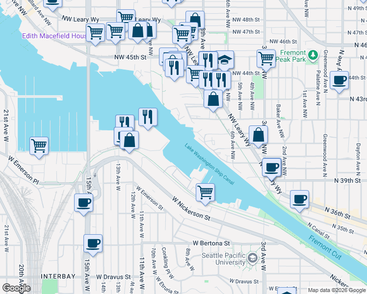 map of restaurants, bars, coffee shops, grocery stores, and more near 1080 West Ewing Place in Seattle