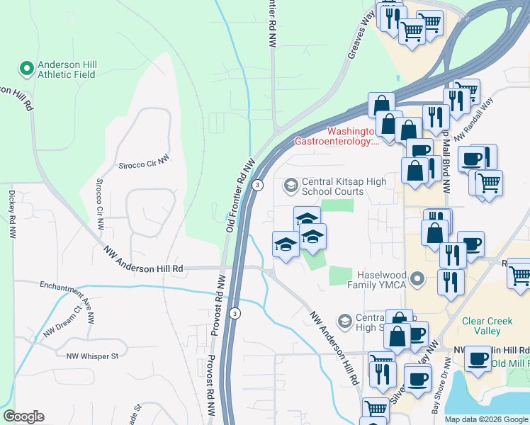 map of restaurants, bars, coffee shops, grocery stores, and more near 10203 Frontier Place Northwest in Silverdale
