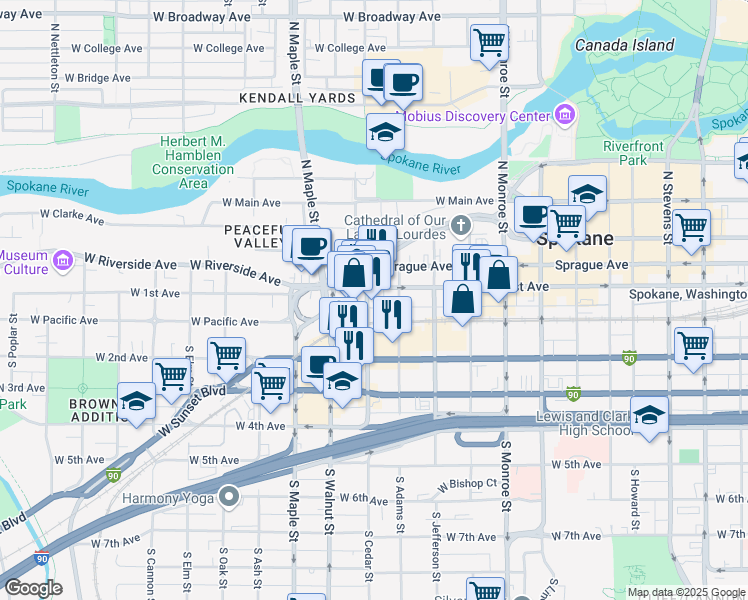 map of restaurants, bars, coffee shops, grocery stores, and more near in Spokane