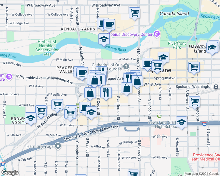 map of restaurants, bars, coffee shops, grocery stores, and more near 1217 West 1st Avenue in Spokane