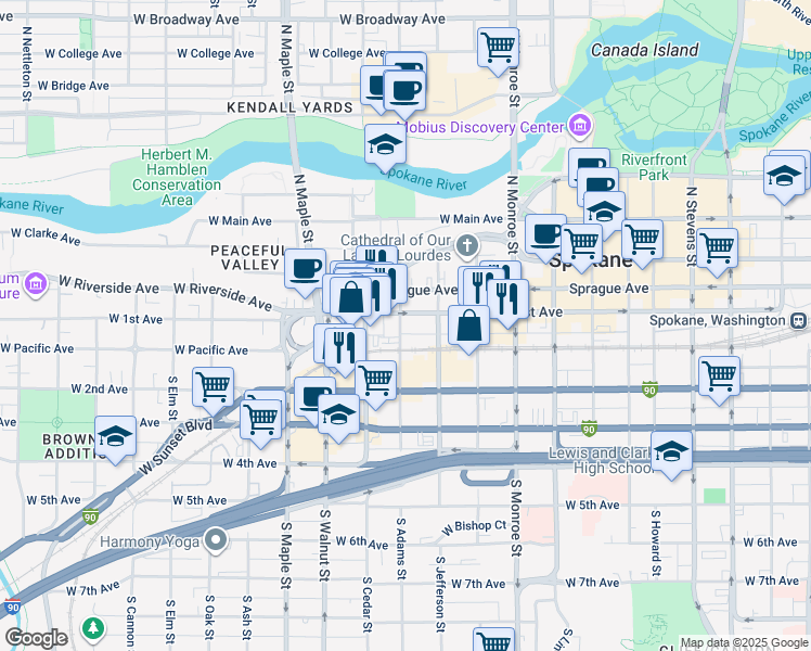 map of restaurants, bars, coffee shops, grocery stores, and more near 1217 West 1st Avenue in Spokane