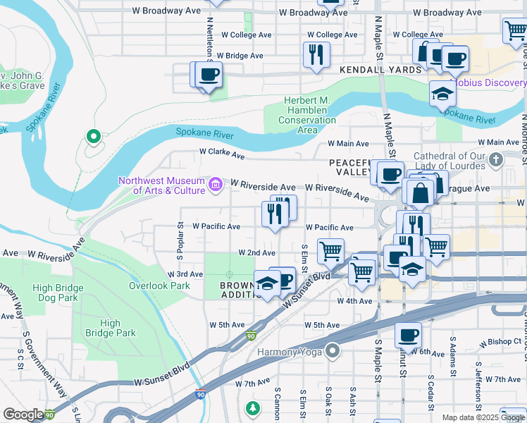 map of restaurants, bars, coffee shops, grocery stores, and more near 2022 West 1st Avenue in Spokane