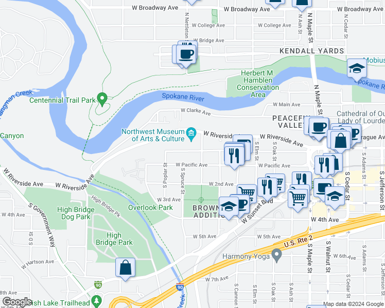 map of restaurants, bars, coffee shops, grocery stores, and more near 2230 West 1st Avenue in Spokane
