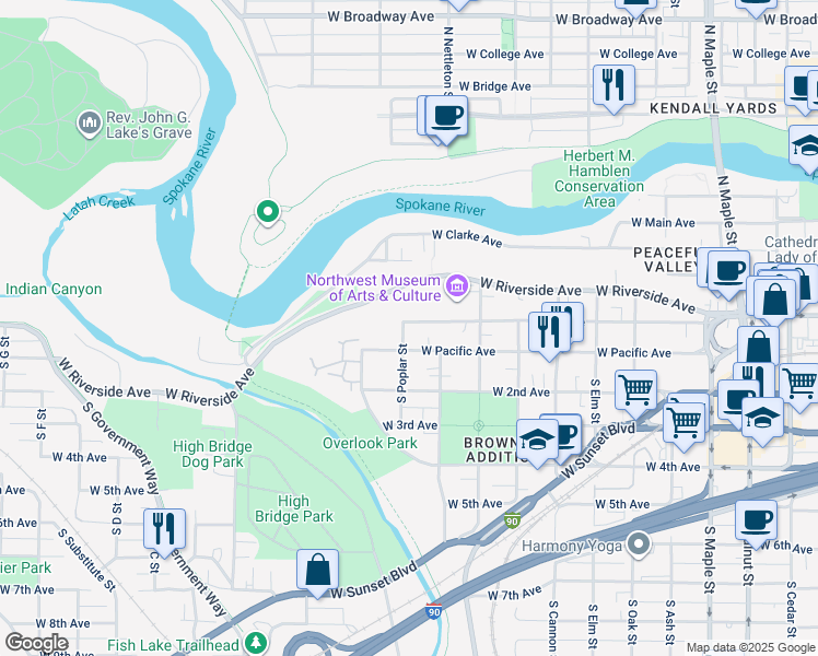 map of restaurants, bars, coffee shops, grocery stores, and more near 2315 West 1st Avenue in Spokane