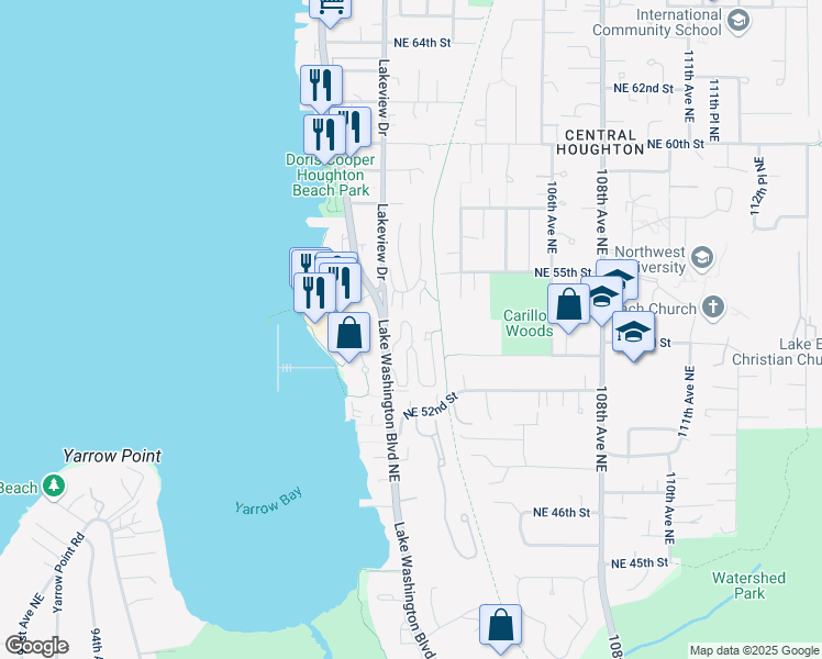 map of restaurants, bars, coffee shops, grocery stores, and more near 5406 Lake Washington Boulevard Northeast in Kirkland
