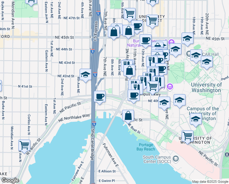 map of restaurants, bars, coffee shops, grocery stores, and more near 4039 9th Avenue Northeast in Seattle