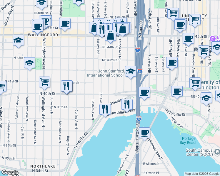 map of restaurants, bars, coffee shops, grocery stores, and more near 4030 2nd Avenue Northeast in Seattle