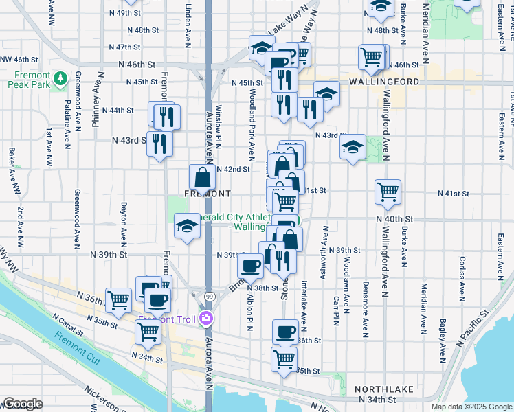 map of restaurants, bars, coffee shops, grocery stores, and more near 4040 Woodland Park Avenue North in Seattle
