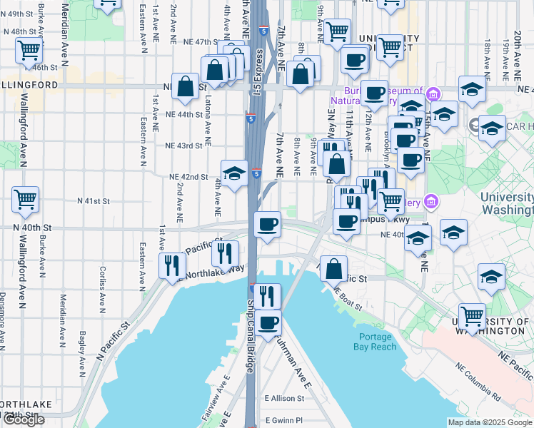 map of restaurants, bars, coffee shops, grocery stores, and more near 4034 Pasadena Place Northeast in Seattle