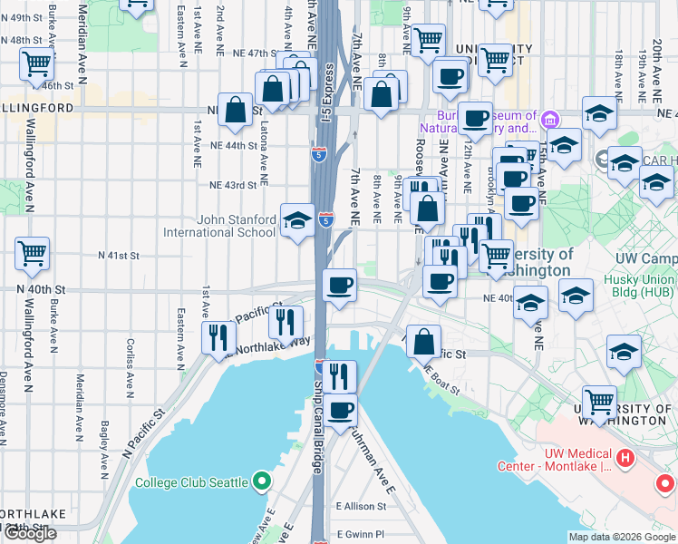map of restaurants, bars, coffee shops, grocery stores, and more near 4034 Pasadena Place Northeast in Seattle