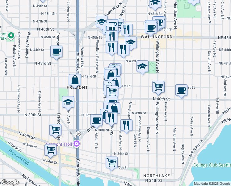 map of restaurants, bars, coffee shops, grocery stores, and more near 1317 North 41st Street in Seattle