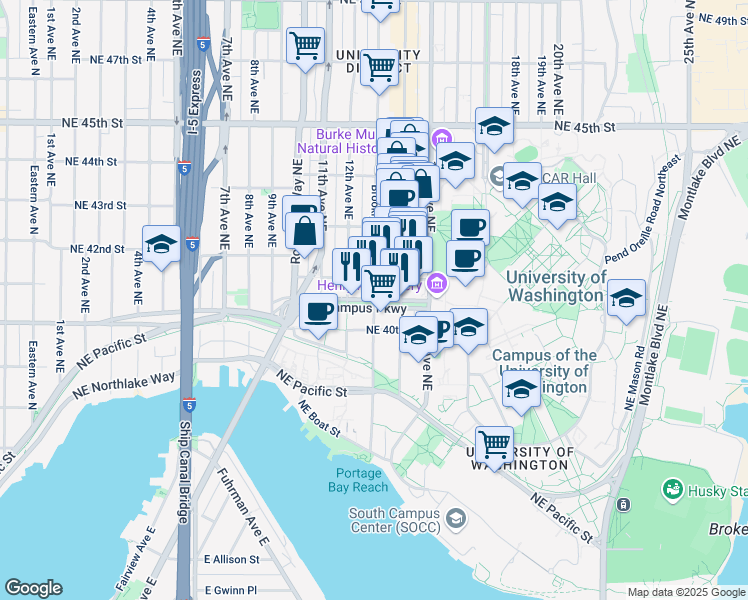 map of restaurants, bars, coffee shops, grocery stores, and more near 1302 Northeast Campus Parkway in Seattle