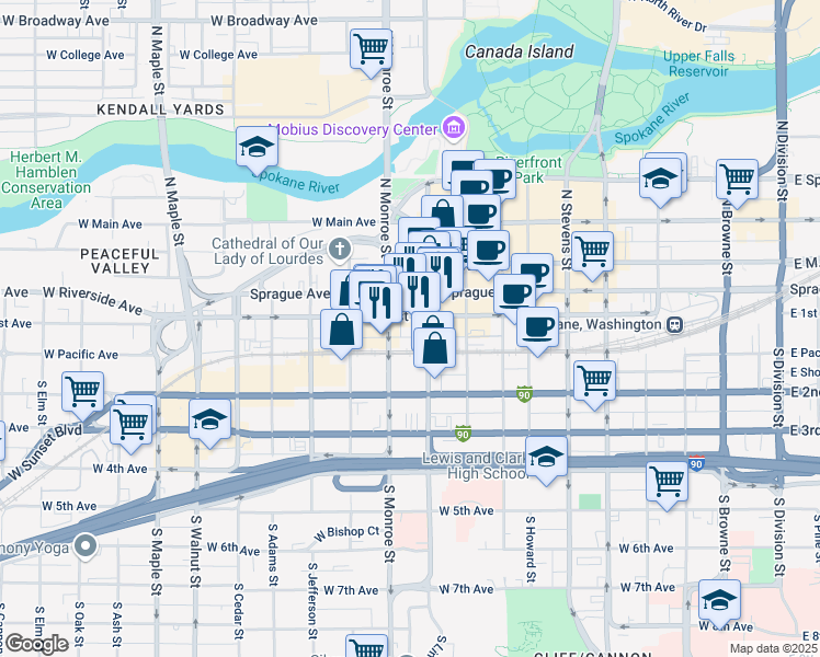 map of restaurants, bars, coffee shops, grocery stores, and more near 919 West 1st Avenue in Spokane