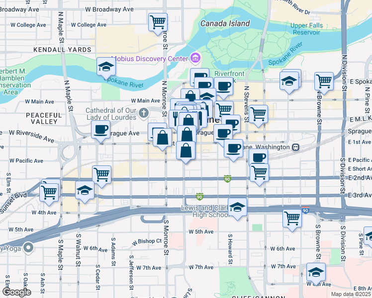 map of restaurants, bars, coffee shops, grocery stores, and more near in Spokane