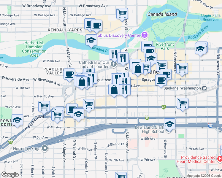 map of restaurants, bars, coffee shops, grocery stores, and more near 1111 West 1st Avenue in Spokane