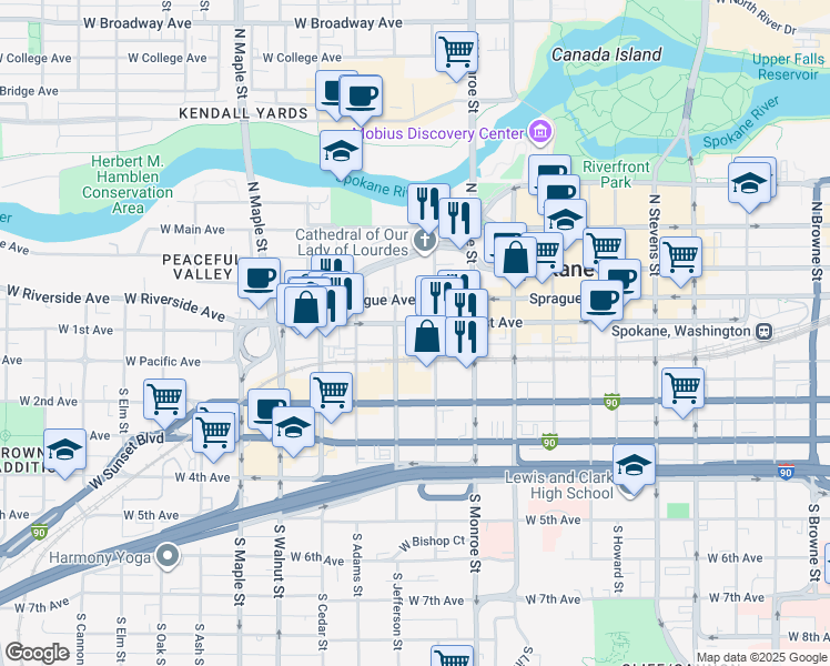 map of restaurants, bars, coffee shops, grocery stores, and more near 1111 West 1st Avenue in Spokane