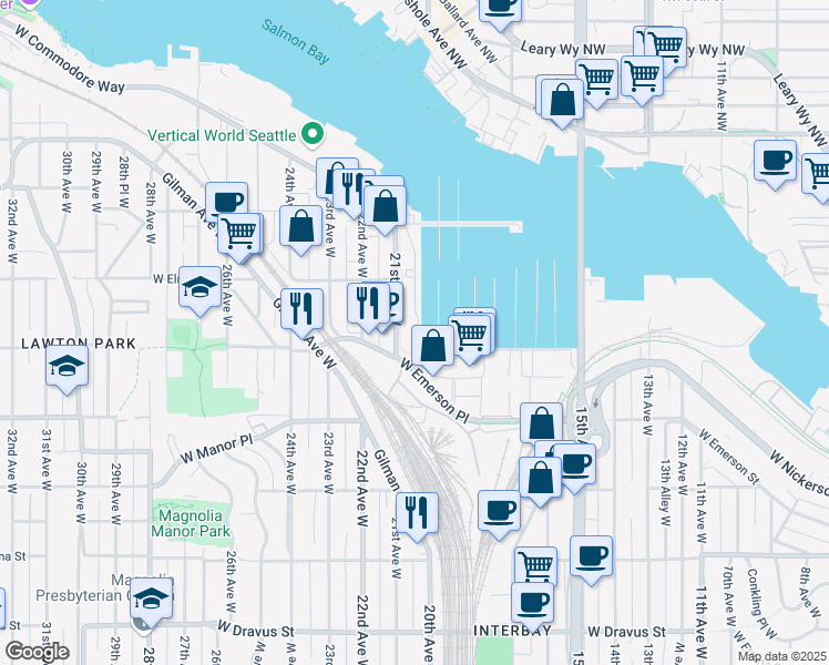 map of restaurants, bars, coffee shops, grocery stores, and more near 4005 20th Avenue West in Seattle